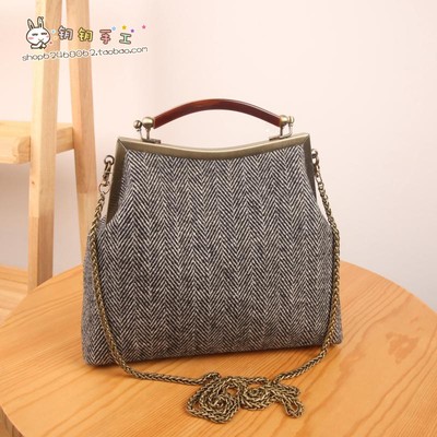 钥钥手工 免裁免熨灰色人字羊毛呢20云胶高款拎手口金包DIY材料包