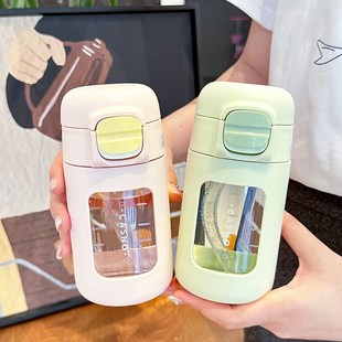 高硼硅玻璃杯男女便携小巧耐高温带刻度吸管水杯防烫双层塑壳杯子