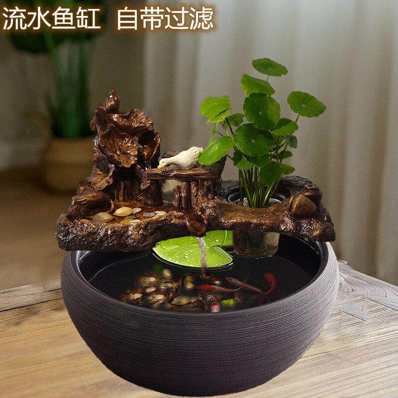 循环流水增氧鱼缸鱼盆过滤器圆形瀑布喷泉造景陶瓷家用装饰品摆件