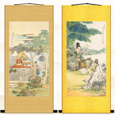 蔡文姬赋琴人物画 听琴抚琴古筝卷轴挂画 复古绢布装饰画丝绸画