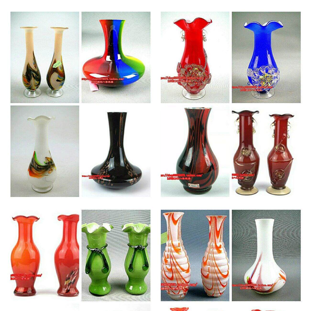 80年代各种老玻璃花瓶琉璃刻花叠花五彩描金古董直杆花插道装饰
