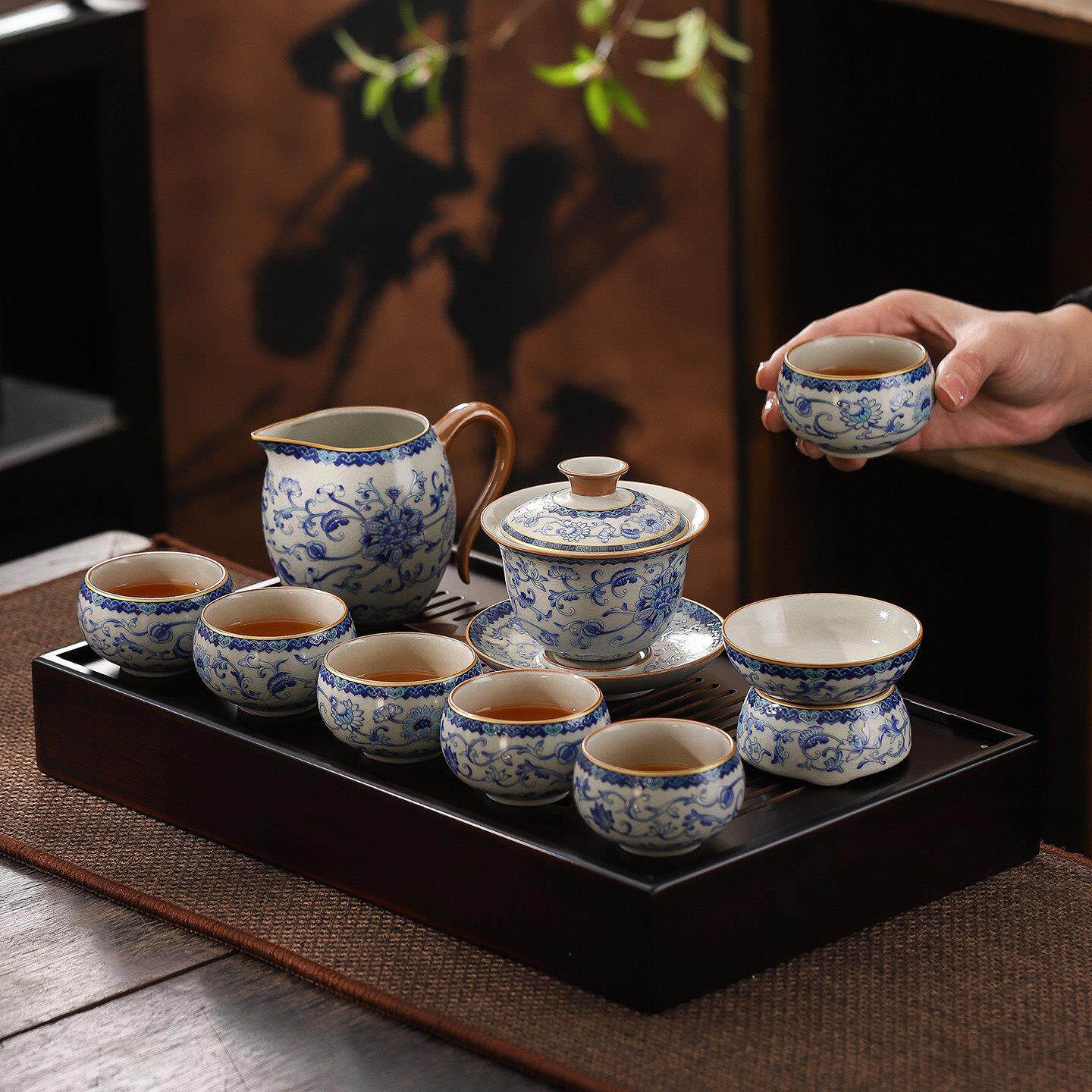 青花汝窑茶具套装家用高档陶瓷功夫茶壶盖碗茶杯一整套办公室待客