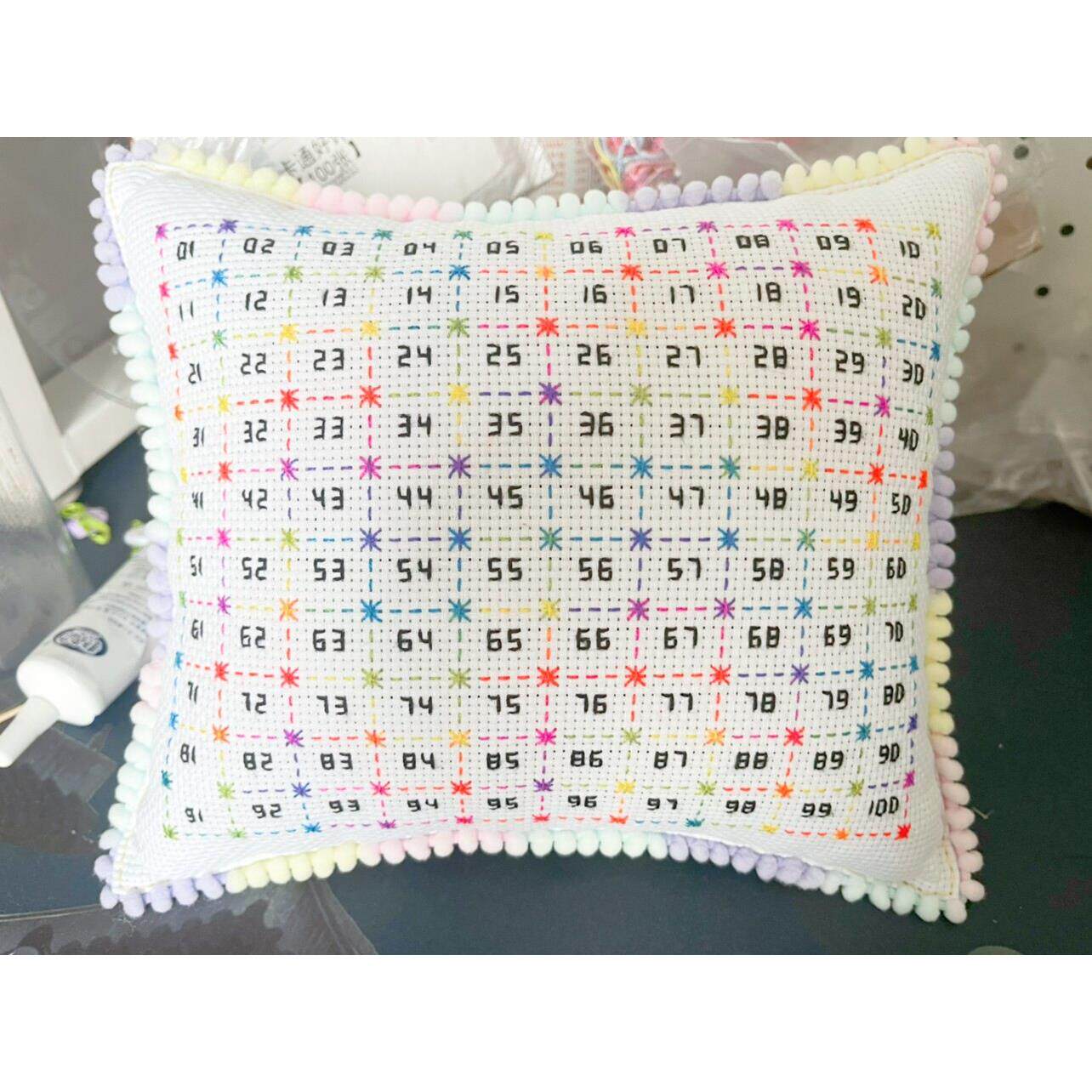 十字绣排线 线包针插包成品简单彩虹框100个数字渐层毛球花边可定