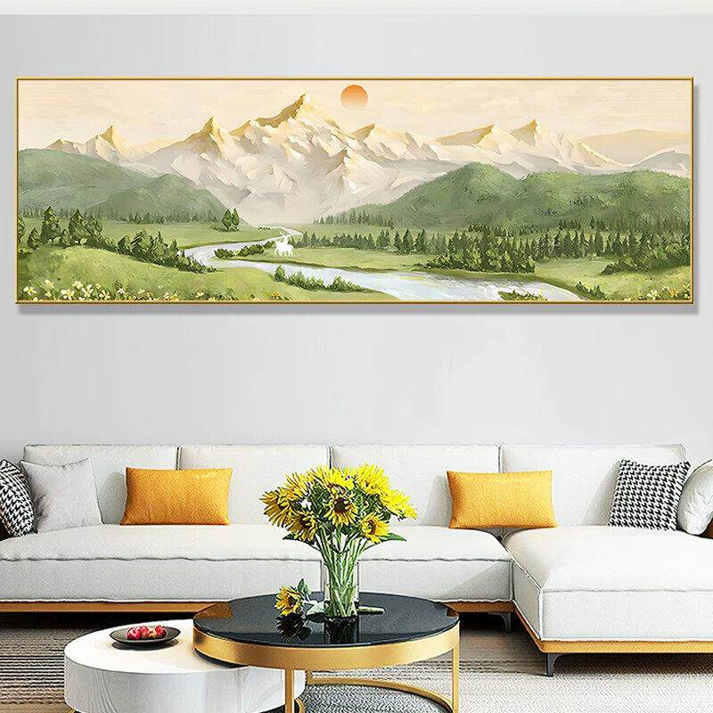 日照金山横幅客厅装饰画山水风景挂画北欧原木风沙发背景墙画壁画