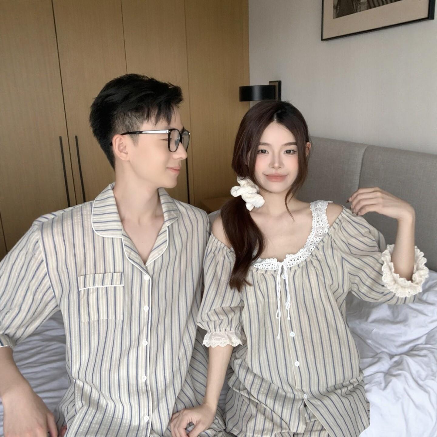 情侣睡衣夏季2026新款小清新简约条纹一男一女短袖短裤家居服套装