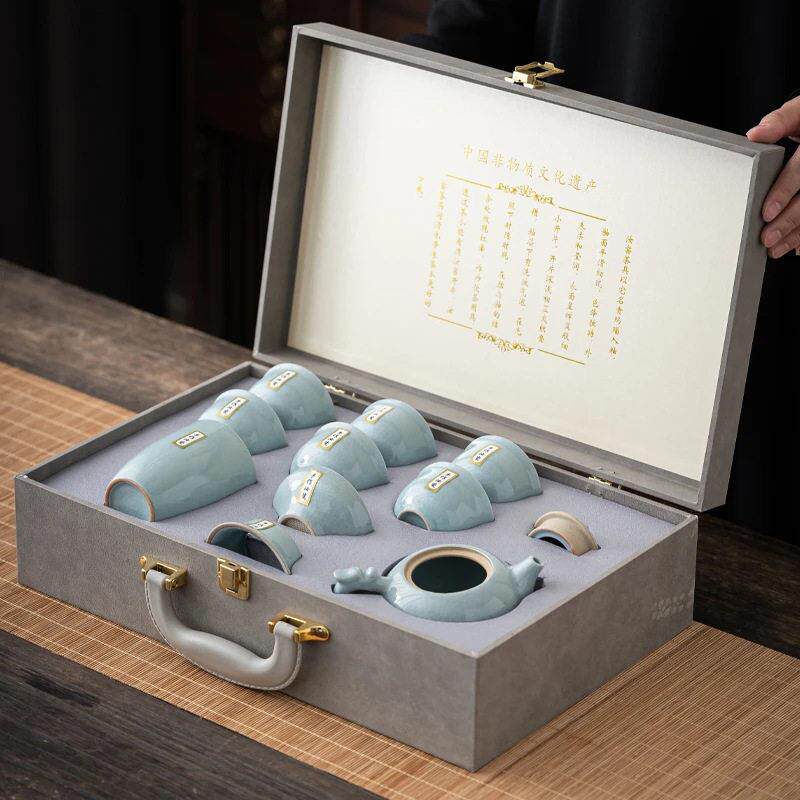 景德镇天青汝窑功夫茶具整套装可开片茶壶盖碗家用办公创意礼品