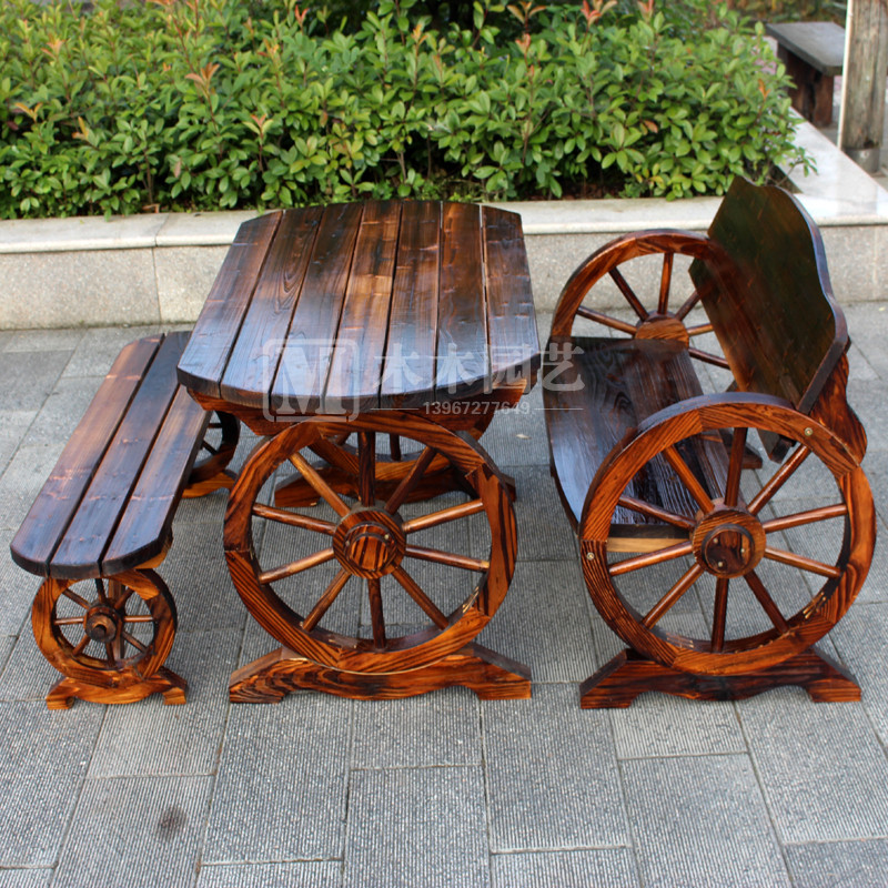 碳化车轮餐桌组合三套件双人桌椅凳实木结构阳台庭院休闲茶几椅子,住宅家具,桌椅套件,淘宝优惠券,粉丝福利购,淘宝优惠卷