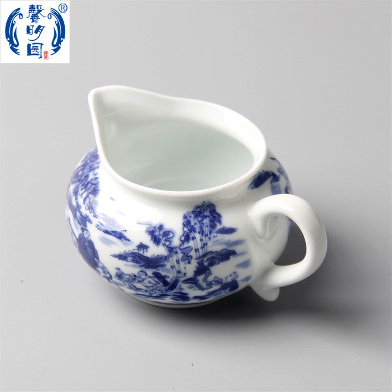 大埔馨明园青花瓷茶具 竹林七贤青花瓷公道杯 功夫茶茶海 分茶器