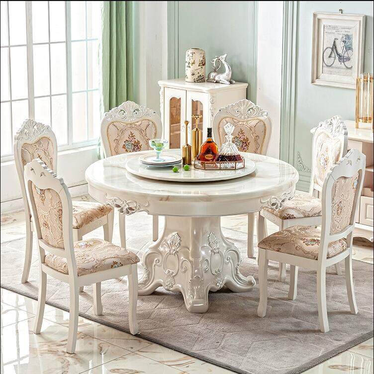 欧式大理石圆桌餐桌椅组合家用白色实木餐台带转盘圆形饭桌小户型