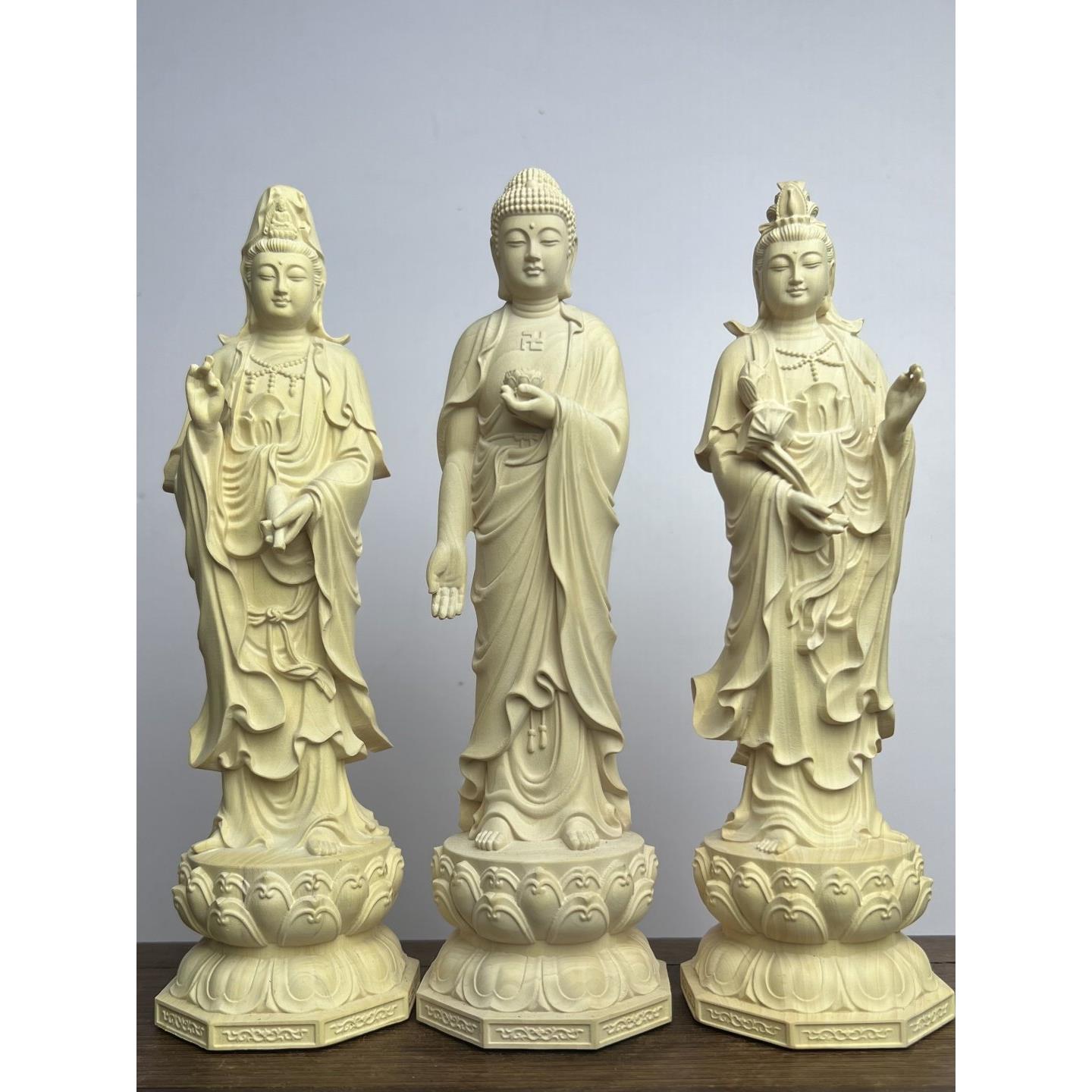 西方三圣黄杨木雕刻佛像阿弥陀佛观音玛哈森家庭佛堂祭拜实木装饰