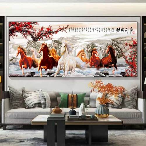 现代轻奢客厅装饰画马到成功沙发背景墙挂画八骏图高档大气晶瓷画