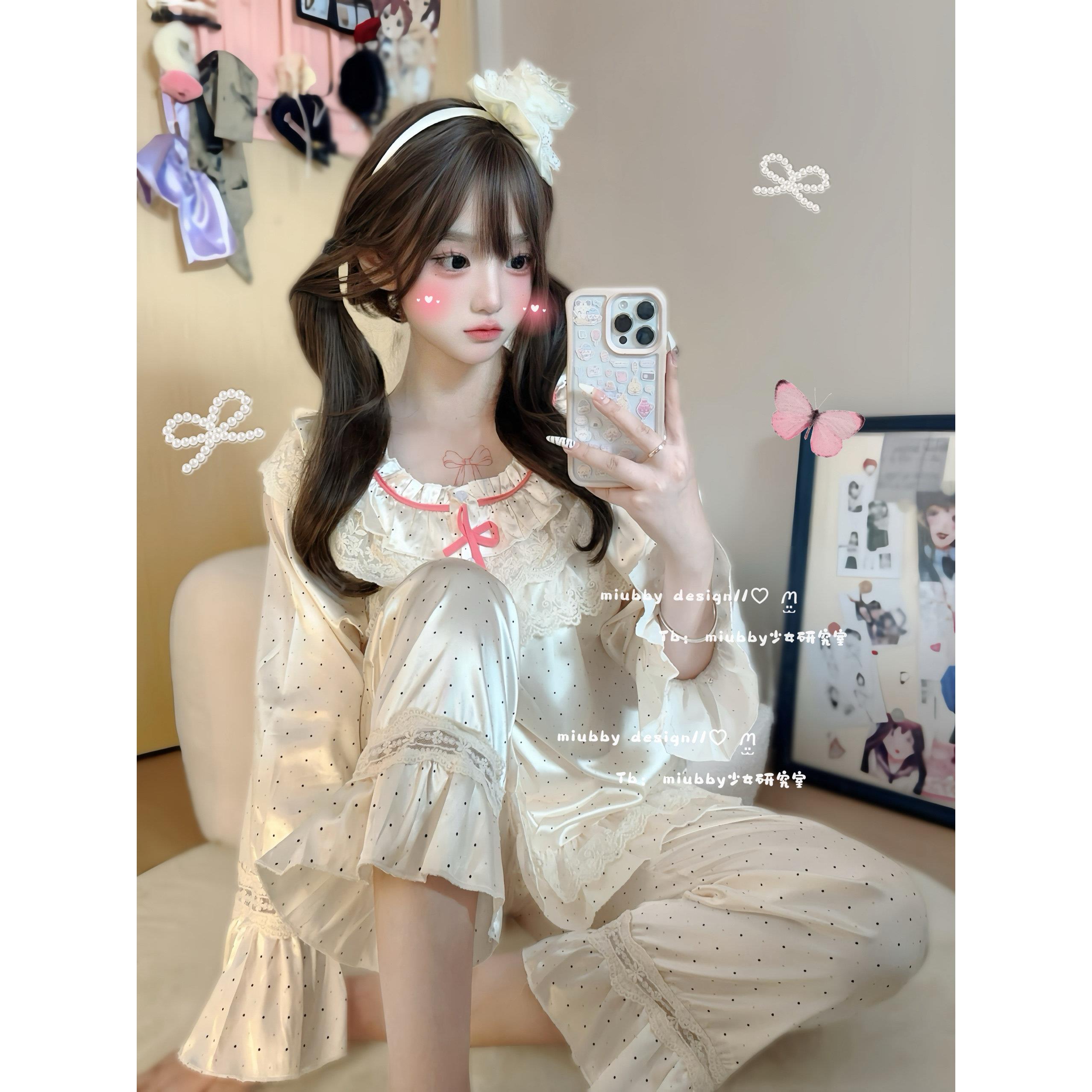 Miubby「公主小妹」韩系甜美波点长袖冰丝睡衣套装蕾丝纯欲居家服