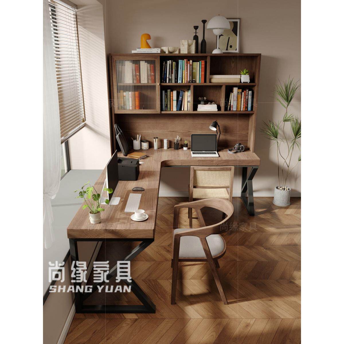 实木转角书桌书柜家用拐角双人办公桌 书房靠墙l型电脑桌书架一体