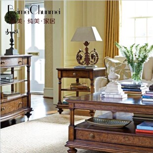 美式乡村实木茶几 电视柜茶几组合咖啡桌 复古实木长方形茶几茶桌