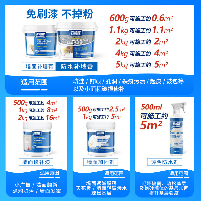 墙面防水补墙膏白色家用抗渗免漆腻子膏墙面修补膏防霉补墙神器,基础建材,墙面修补膏,淘宝优惠券,粉丝福利购,淘宝优惠卷