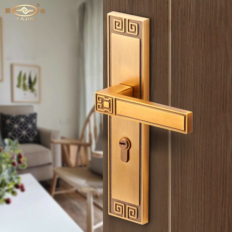 新中式室内卧室房门锁黄古铜58面板把手锌合金磁吸静音锁YJ180