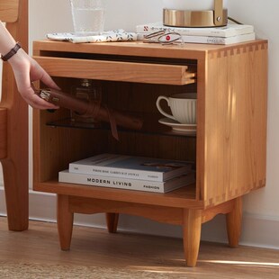 全实木藤编北欧风樱桃木创意原木色床头柜卧室日式无漆储物小柜子