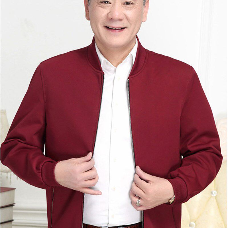 高端中老年男装休闲夹克男本命年酒红色上衣中年爸爸枣红茄克外套