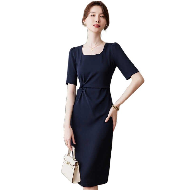 深蓝色短袖职业褶皱修身连衣裙女春夏高级感内搭西装小个子工作服