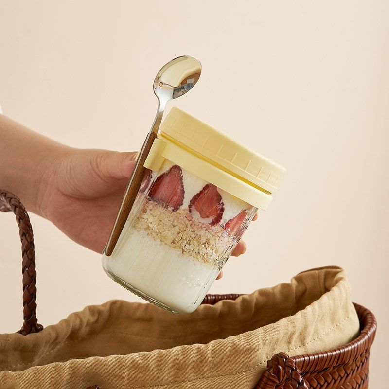 肆月隔夜燕麦早餐杯玻璃杯子便携式带盖勺刻度豆浆酸奶麦片杯密封,餐饮具,奶杯/牛奶杯,淘宝优惠券,粉丝福利购,淘宝优惠卷