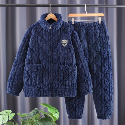 睡衣冬季加绒加厚男士三层夹棉高档拉链男款冬天可外出保暖家居服