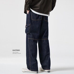 豪霆.春季多口袋工装直筒原色牛仔裤男士松紧腰抽绳宽松休闲长裤