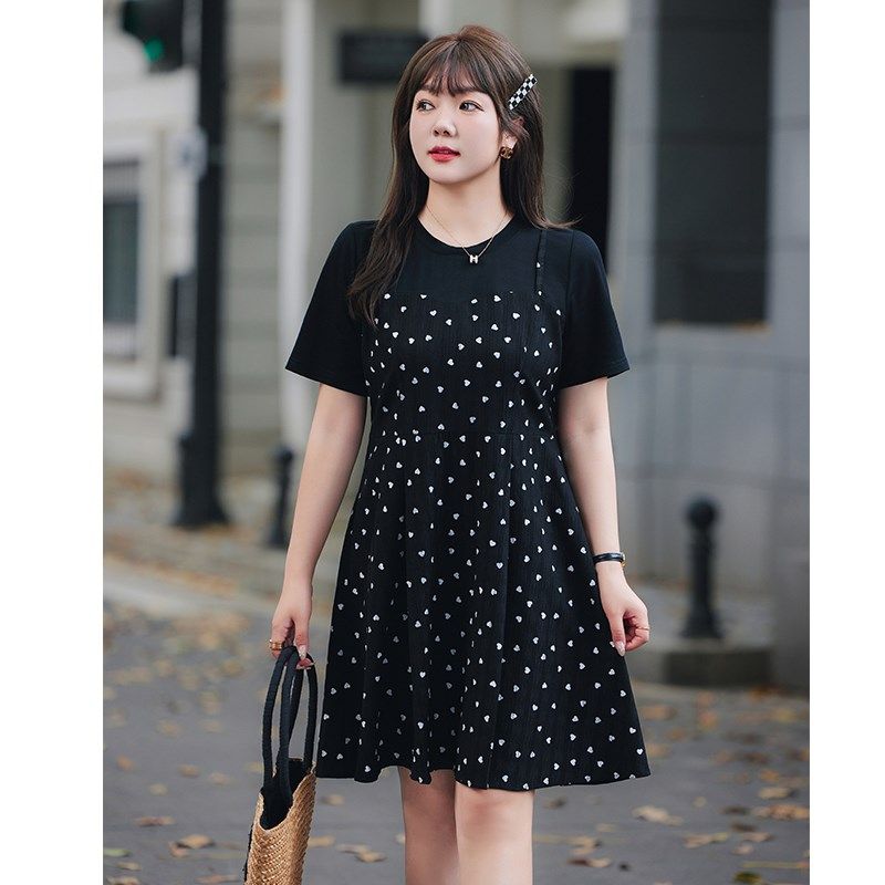显瘦大码胖妹妹连衣裙夏季新款气质假两件针织拼接吊带波点小黑裙,女装/女士精品,大码连衣裙,淘宝优惠券,粉丝福利购,淘宝优惠卷