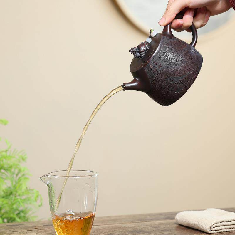 宜兴紫砂壶古乌泥手工制作龙行天下汉铎壶350cc大容量茶壶茶具