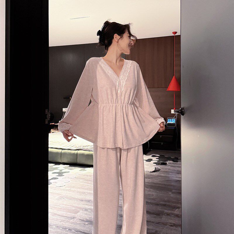 doubleoo秋冬女自带胸垫家居服收腰v领蕾丝套装暖绒韩系显瘦睡衣