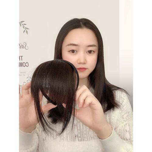 百魅丝 黑色发箍刘海一体全真发前额鬓角遮白发碎齐刘海假发片女