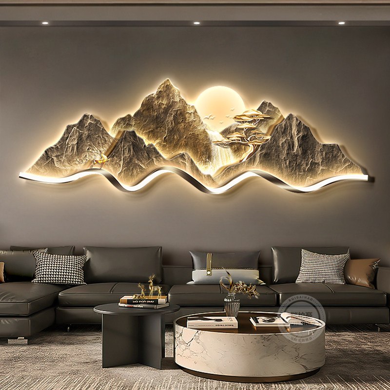 轻奢客厅装饰画背有靠山沙发背景墙挂画大气立体高级感山水壁灯画