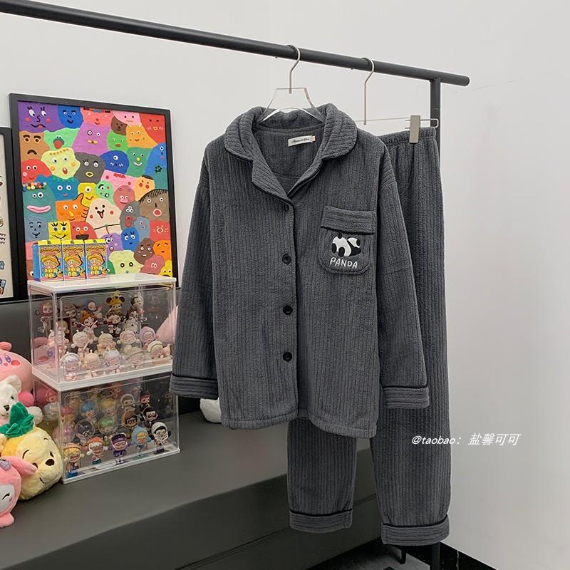 纯色毛绒熊猫情侣珊瑚绒睡衣男女款ins韩国秋冬季加厚保暖家居服