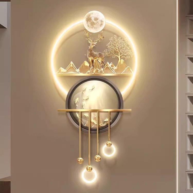 轻奢发财树玄关装饰画九鱼图入户门正对墙挂画福鹿走廊发光壁画灯