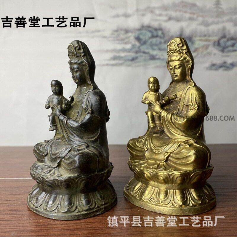 观影佛像摆件抱子观音彷古合金莲花底座坐款观音佛像家居装饰摆件