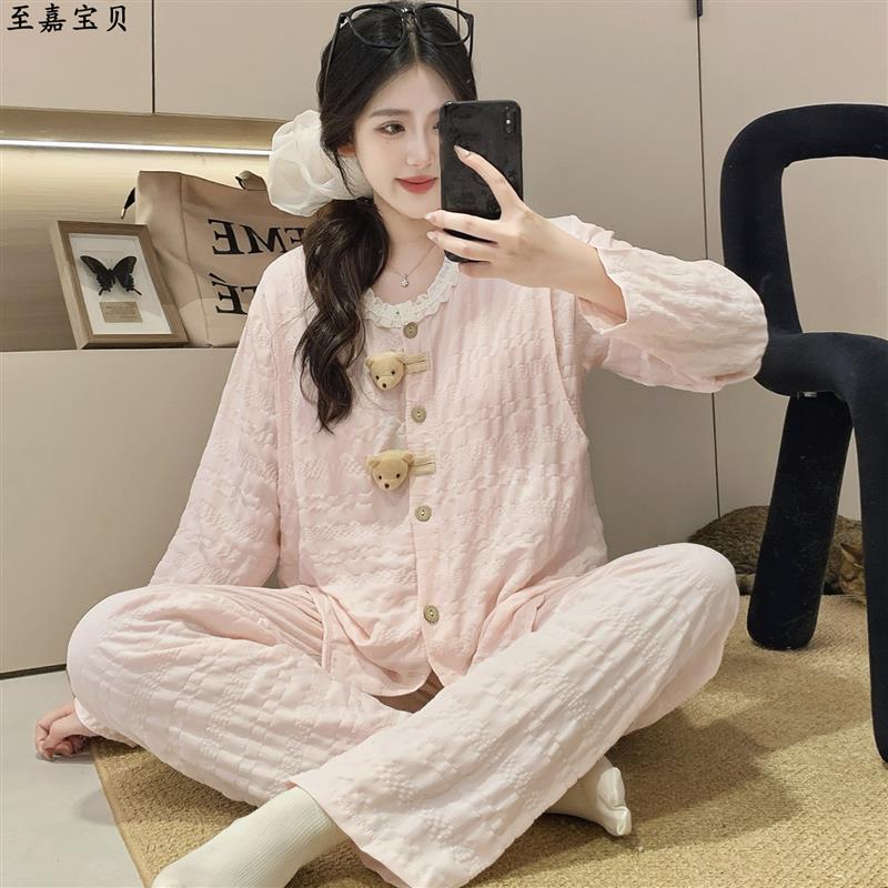带胸垫孕妇睡衣夏季云朵棉哺乳月子服薄款春秋天产后喂奶专用长袖
