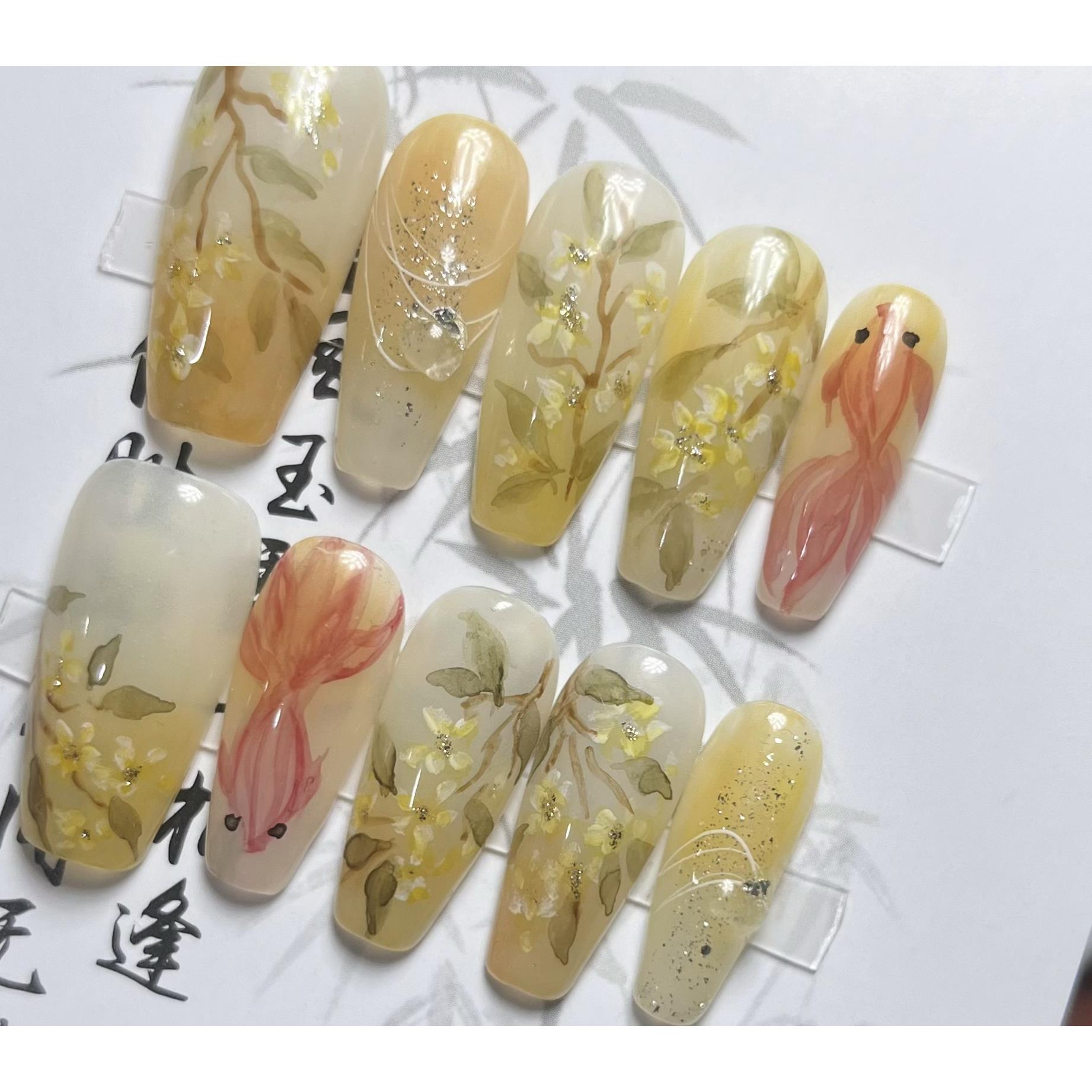 手工水彩桂花锦鲤复古国风新中式穿戴甲转运自粘气质古风中长版