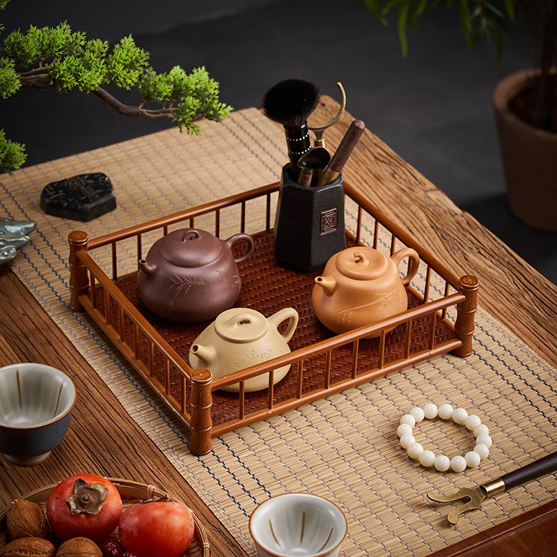 竹编托盘干泡小茶盘复古功夫茶台盘茶具收纳盘手工席面茶棚茶杯架