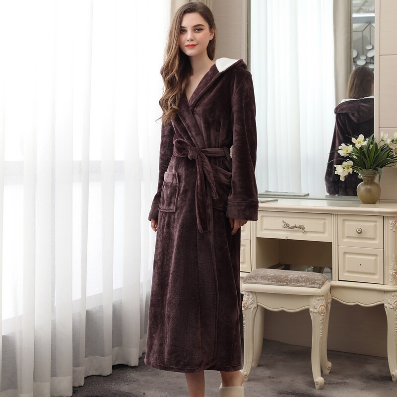 睡袍女加长款加厚加绒法兰绒连帽带帽子浴衣戴帽秋冬季珊瑚绒浴袍