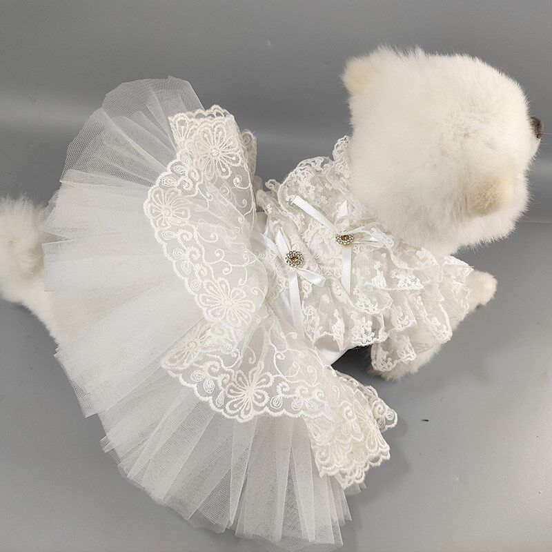 私宠手作白色金扣子宠物婚纱泰迪比熊公主裙猫咪结婚礼服纱裙定做