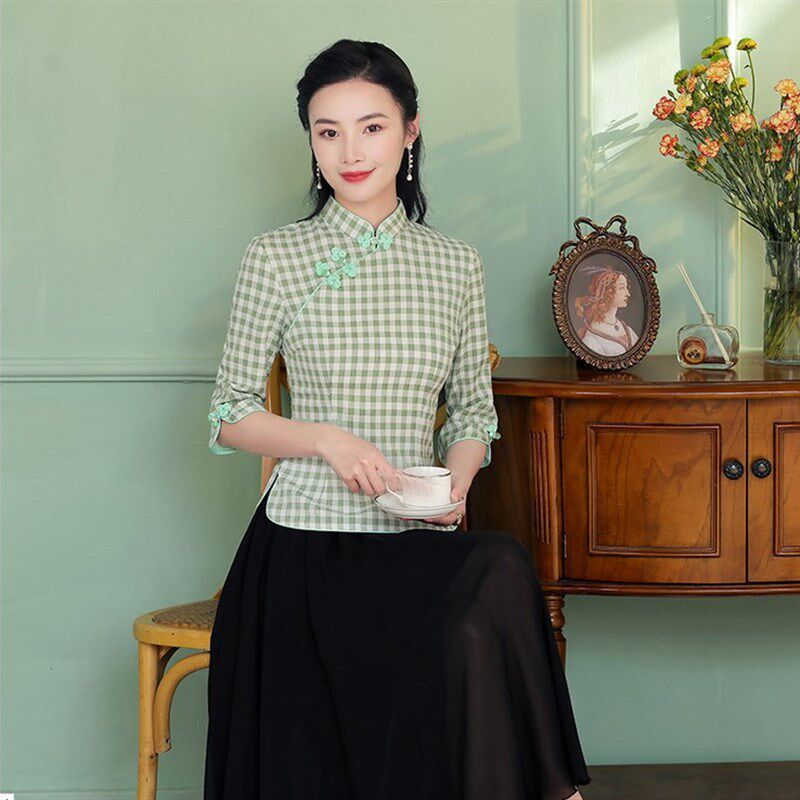 民国风女装复古套装棉旗袍女上衣服格子唐装中袖夏季两件套中国风