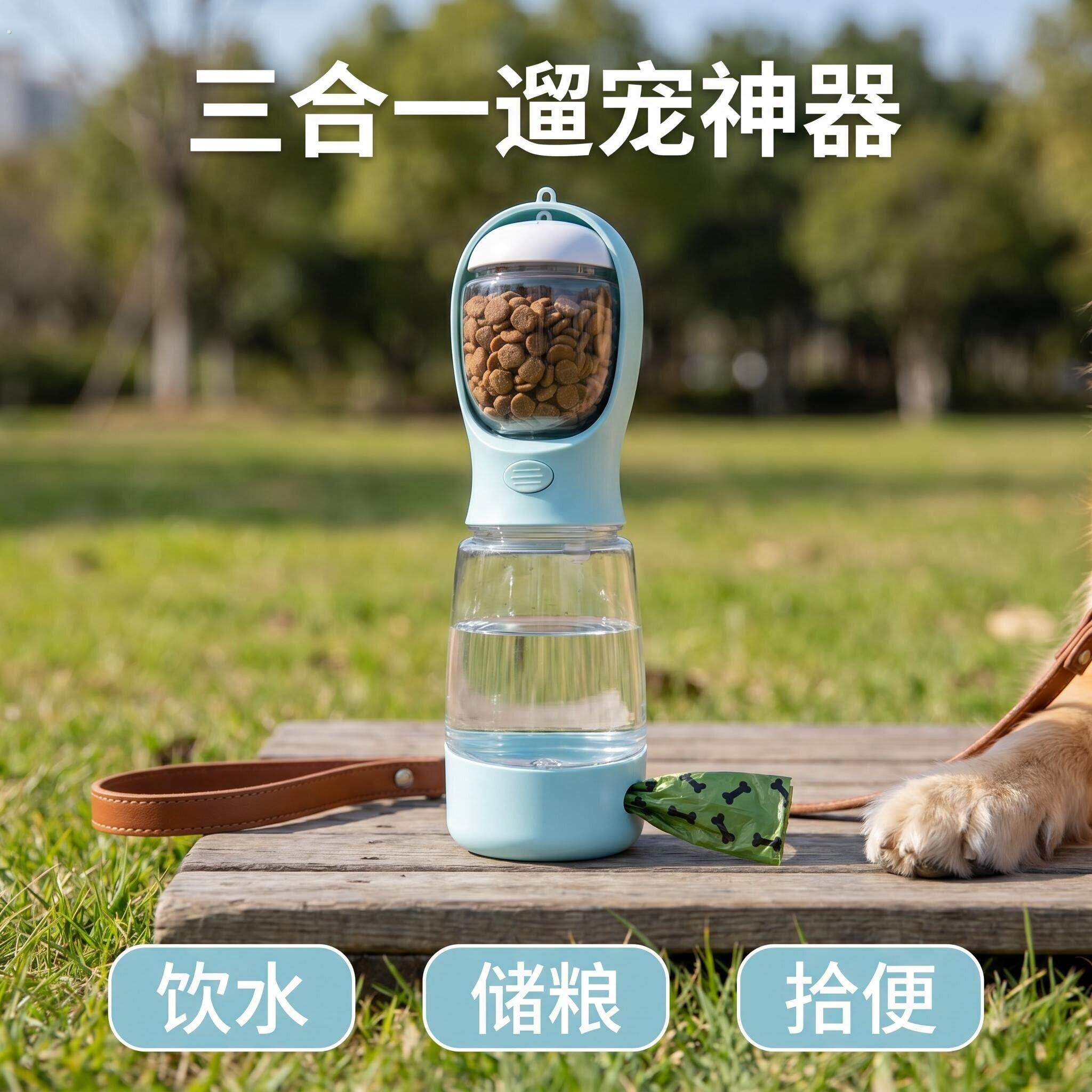 宠物水壶三合一宠物随行杯狗狗饮水喂食器拾便一体便携遛狗水壶