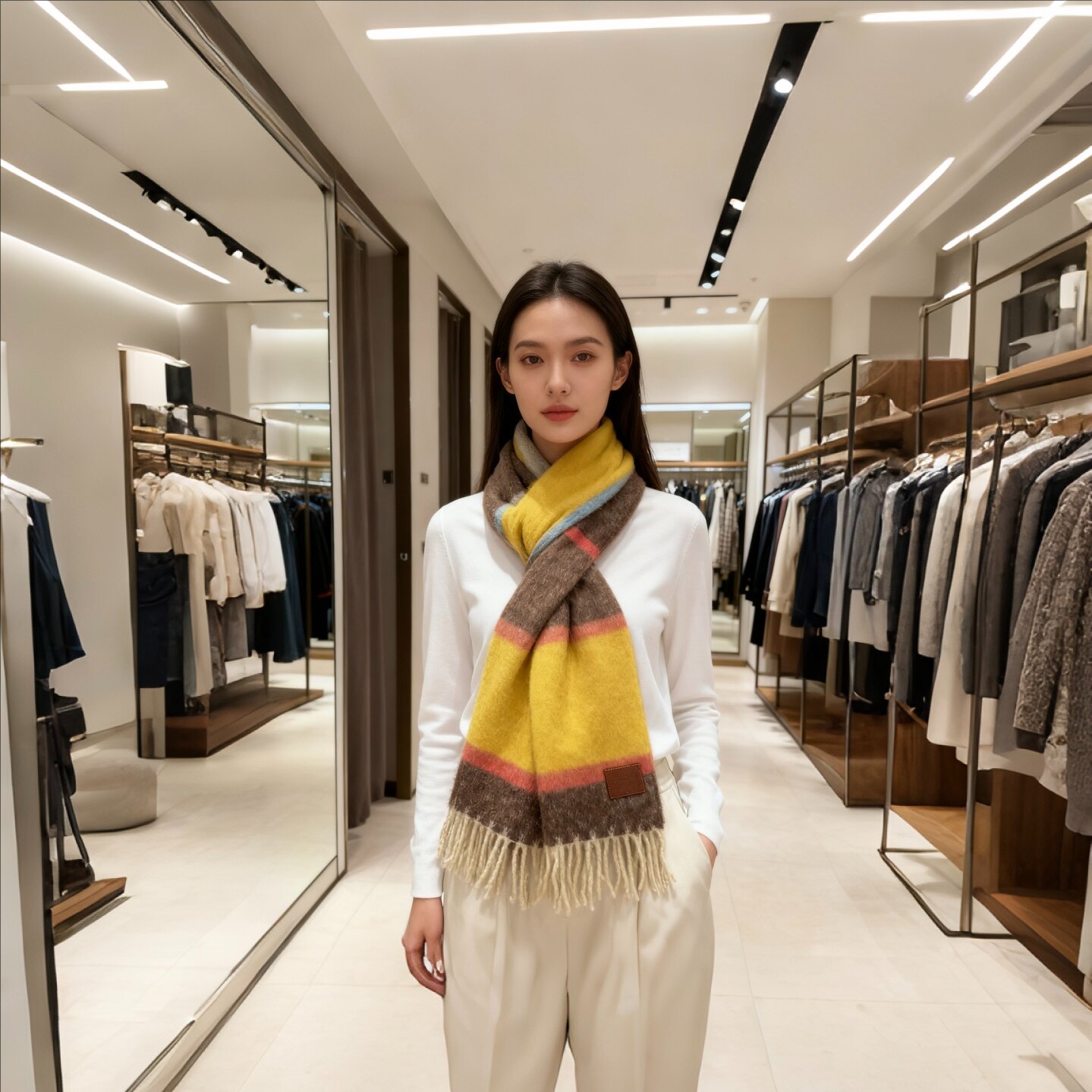 纯羊毛条纹拼色围巾女秋冬流苏披肩黄色保暖百搭