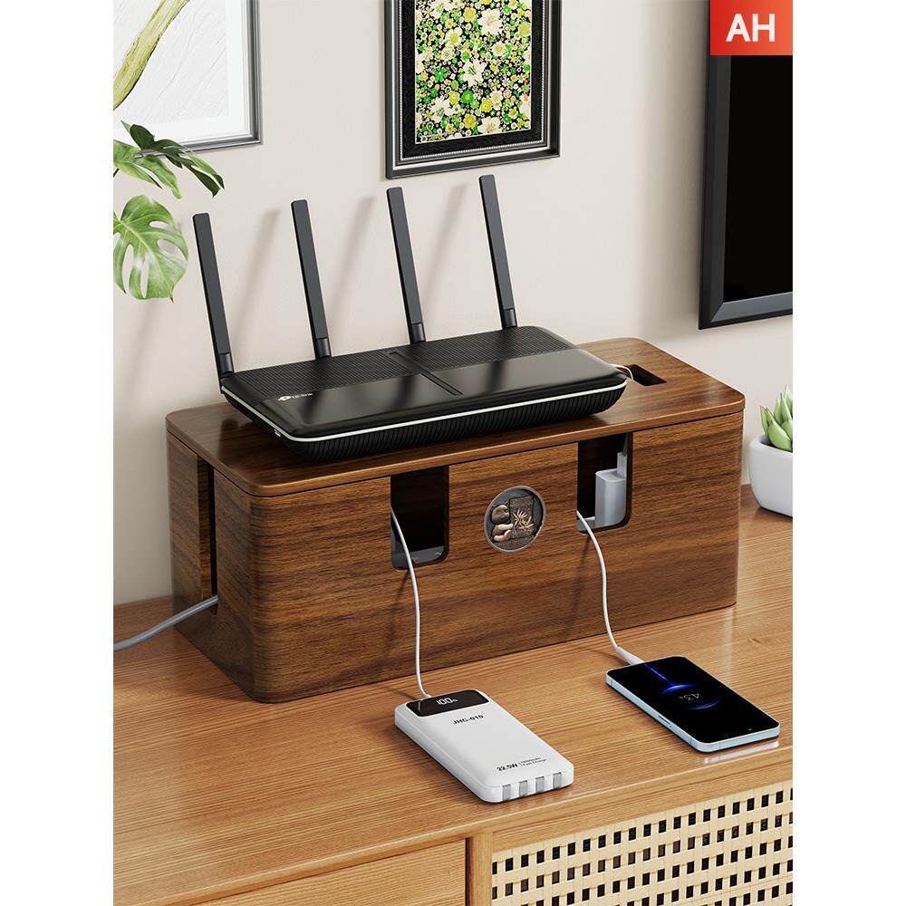 实木集线盒插座遮挡插排收纳盒电源电线理线盒桌面装饰插线板整理