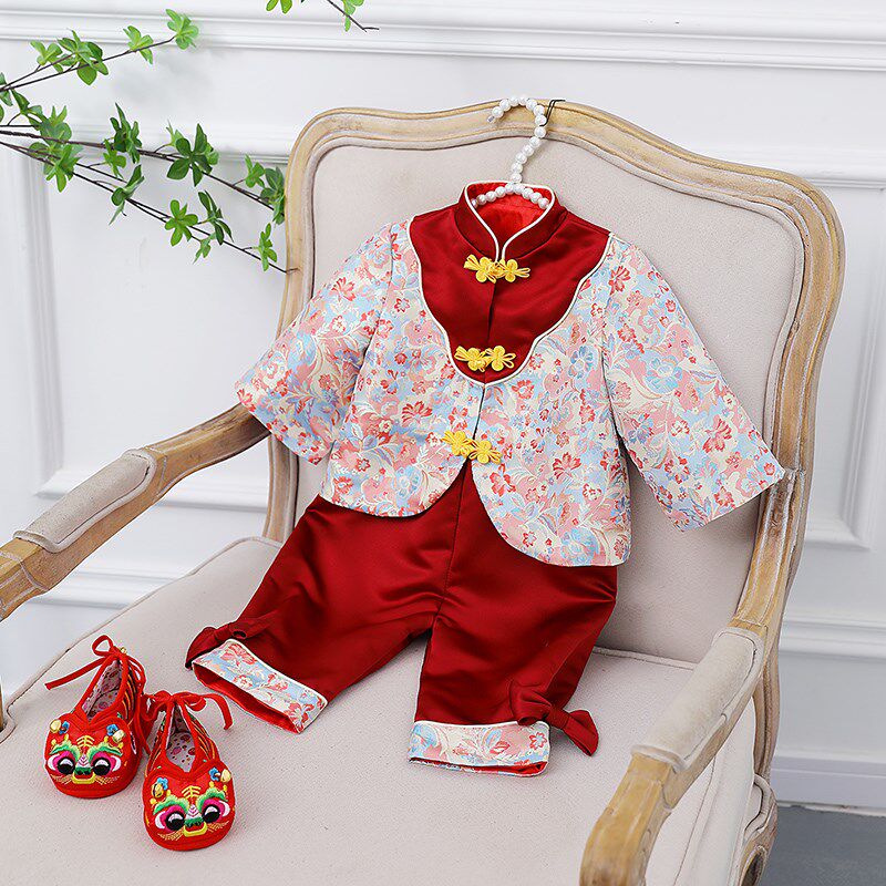 抓周礼服男宝宝儿童唐装复古套装中国风男童一周岁中式衣服女秋冬