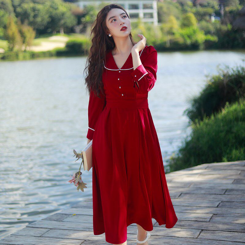 秋冬2022新款敬酒服伴娘礼服法式年会订婚高级感红色长袖连衣裙女