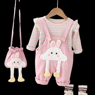 时髦长袖 女宝宝秋装 两件套潮 洋气婴儿童春秋季 2024新款 背带裤 套装