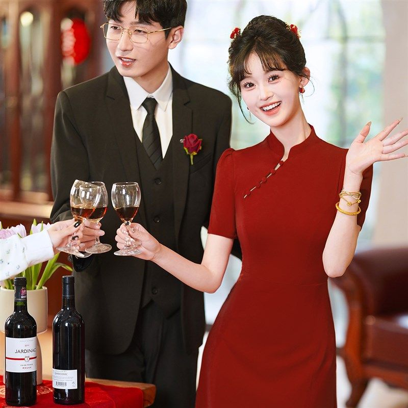 敬酒服新娘结婚红色旗袍订婚礼服裙女平时可穿秋冬短袖中式连衣裙