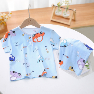 棉绸男童女童男孩中大童宝宝绵绸家居服套装 短裤 儿童睡衣短袖 夏季