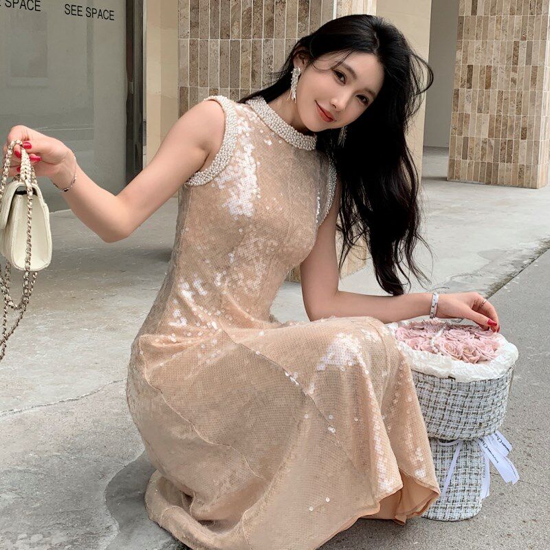 杏色网纱亮片绣花珍珠装饰法式轻奢高级感厅里厅气的连衣裙小礼服