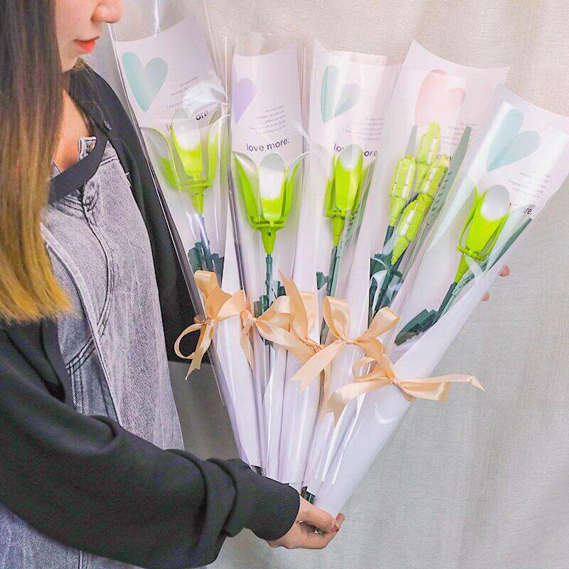 教师智节积木花OUOETY束永生花束玫瑰师花DIY拼益装积木开学季送